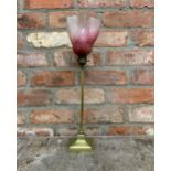 Antique Art Deco brass table lamp with fluted cranberry glass shade, H 50cm