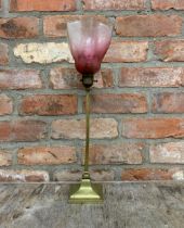 Antique Art Deco brass table lamp with fluted cranberry glass shade, H 50cm