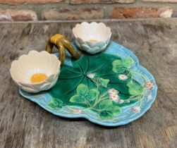 George Jones majolica strawberry dish with water lilly and basket weave design, Stamped to base, D