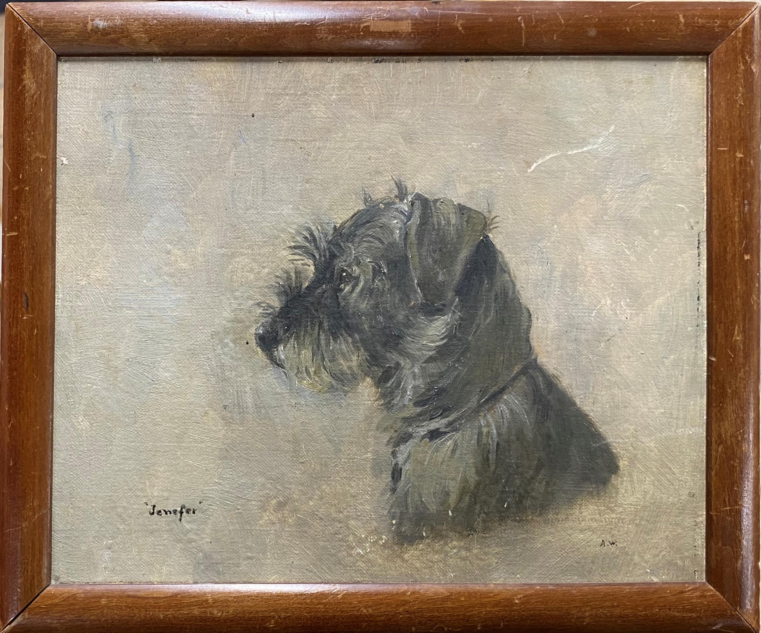 Early 20th century school - 'Jenefer' bust portrait of a terrier, monogrammed AW, oil on canvas laid - Image 2 of 4