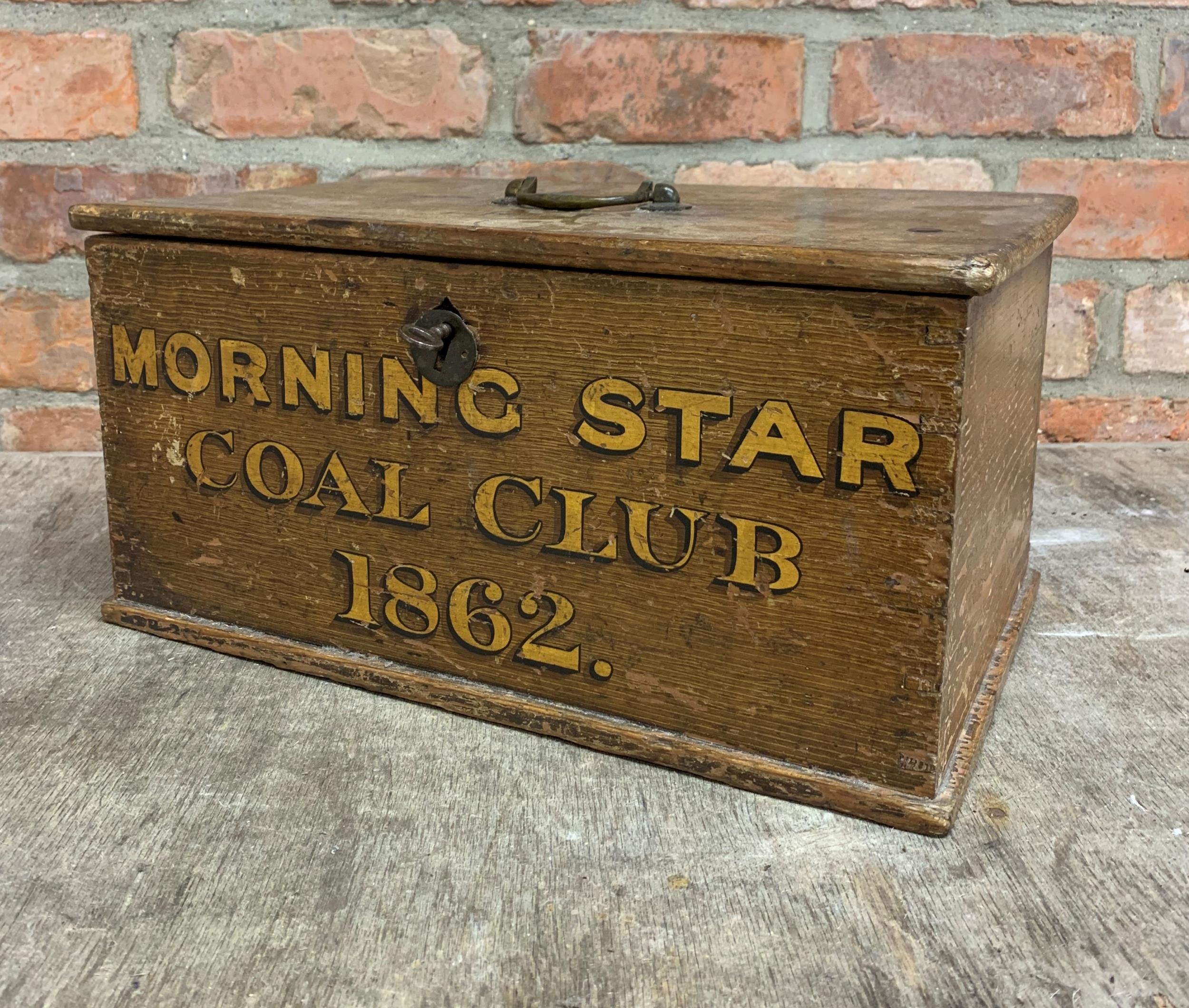 Hand painted "Morning Star Coal Club 1862" pine box with key, 41cm x 26cm x 21cm