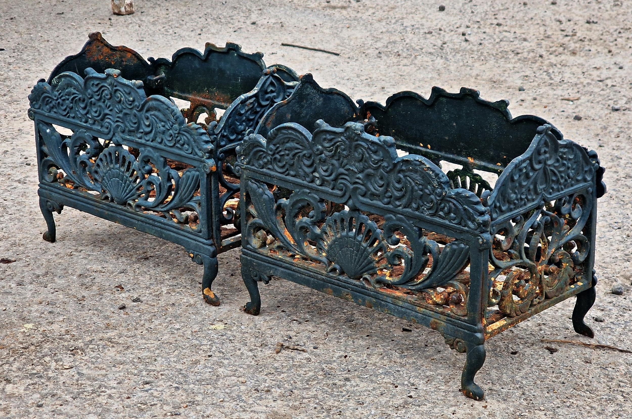 Pair of painted Victorian style cast iron plant stands with pierced scrolling detail, H 28cm x W - Image 2 of 3