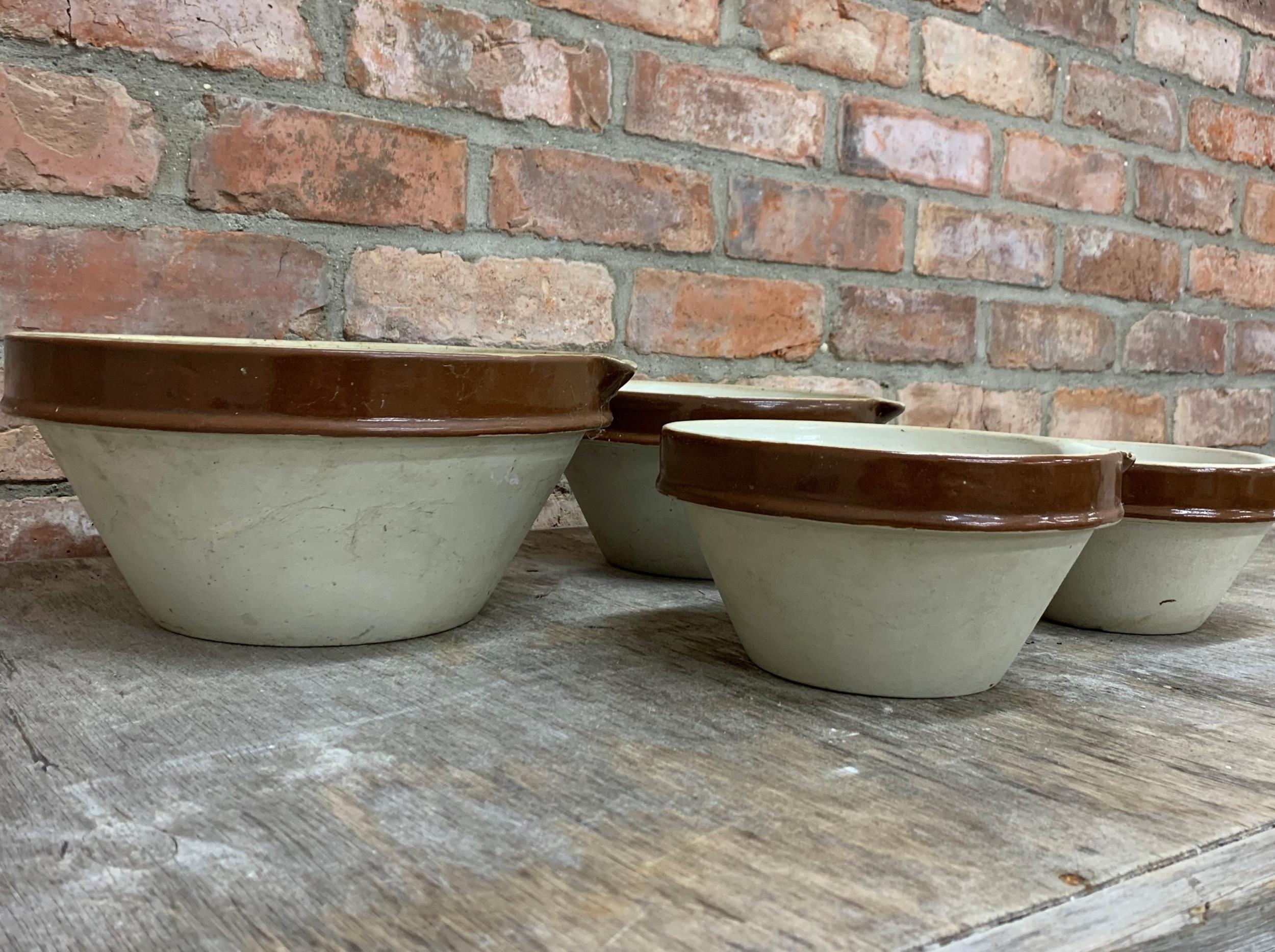 Set of four graduated glaze terracotta spouted dairy bowls, the largest H 14cm x D 31cm - Image 3 of 4