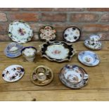 Assortment of antique hand painted floral themed cups, saucers and plates to include Royal Crown