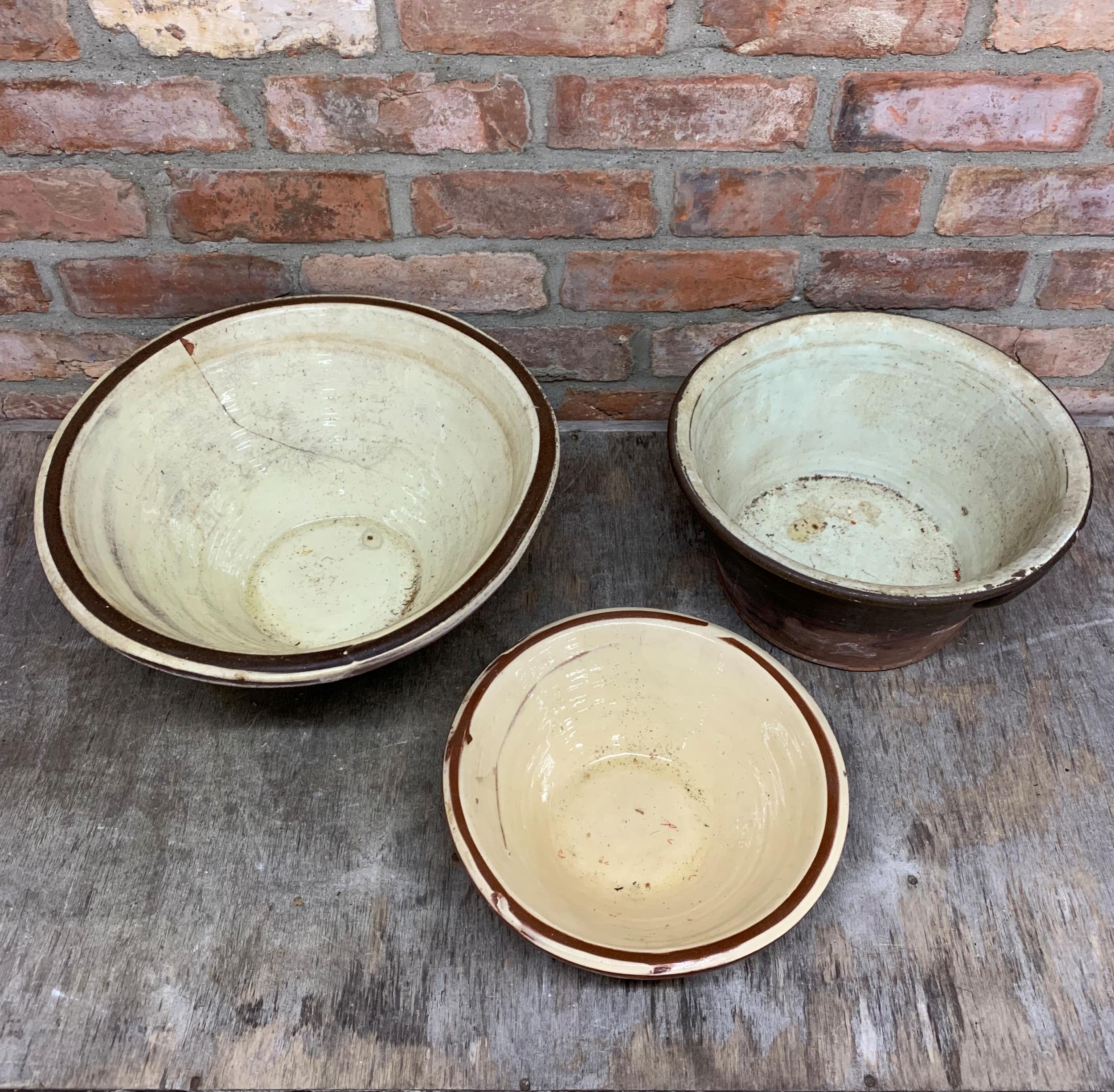 Three graduated glaze terracotta dairy bowls, the largest H 19cm x D 42cm - Image 2 of 4