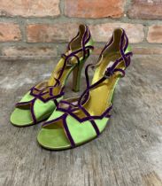 Pair of vintage Prada Vera Cuoio purple and green ladies high heel shoes, size 37