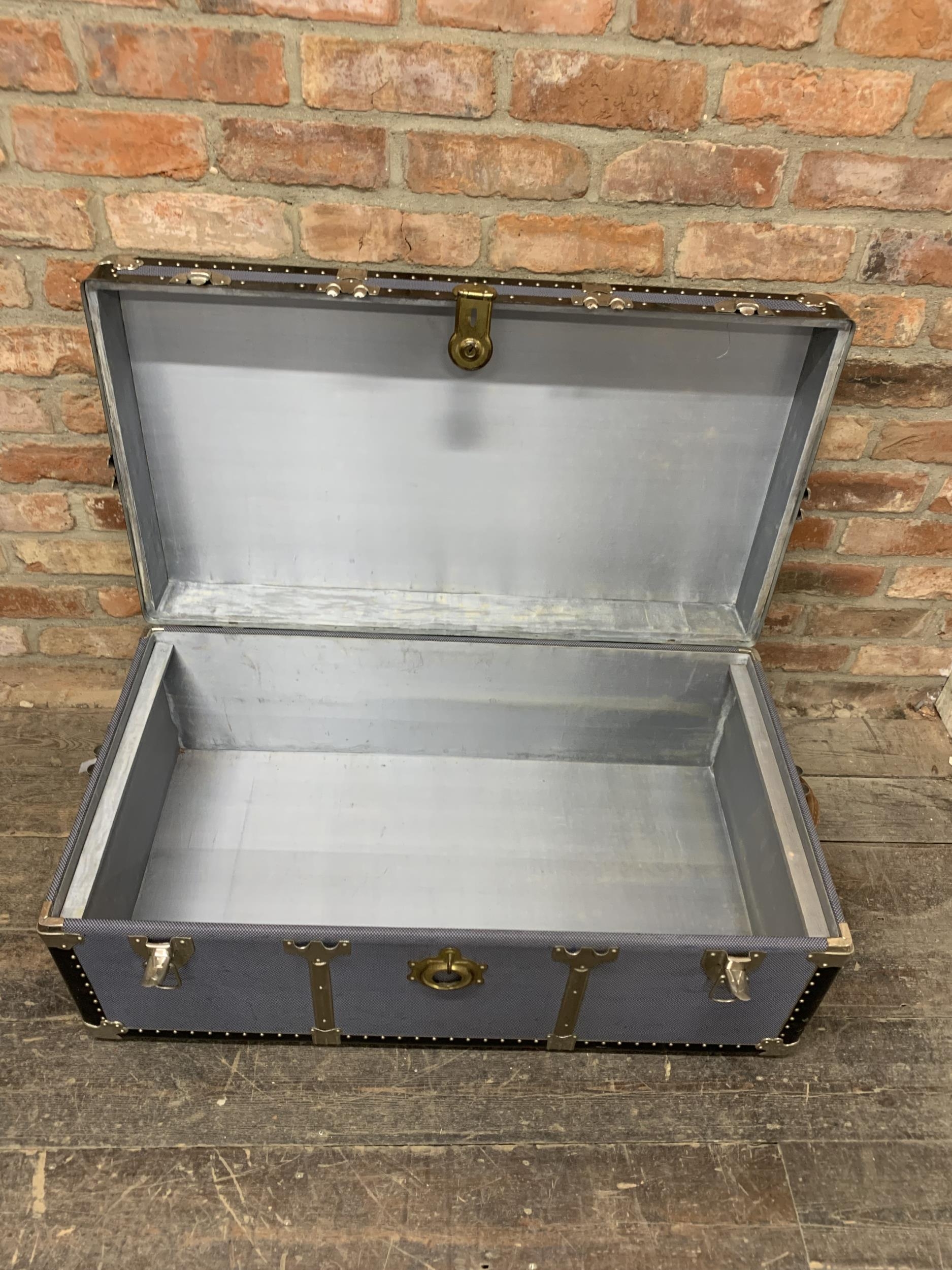 Vintage luggage flight case or trunk, with rivetted frame and original travel stickers, 38cm x 100cm - Image 3 of 4