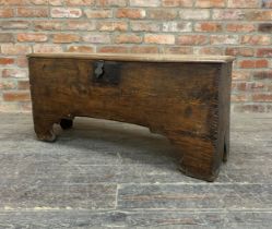 18th century oak six plank coffer with hinged lid and candle box to interior, H 49cm x W 107cm x D