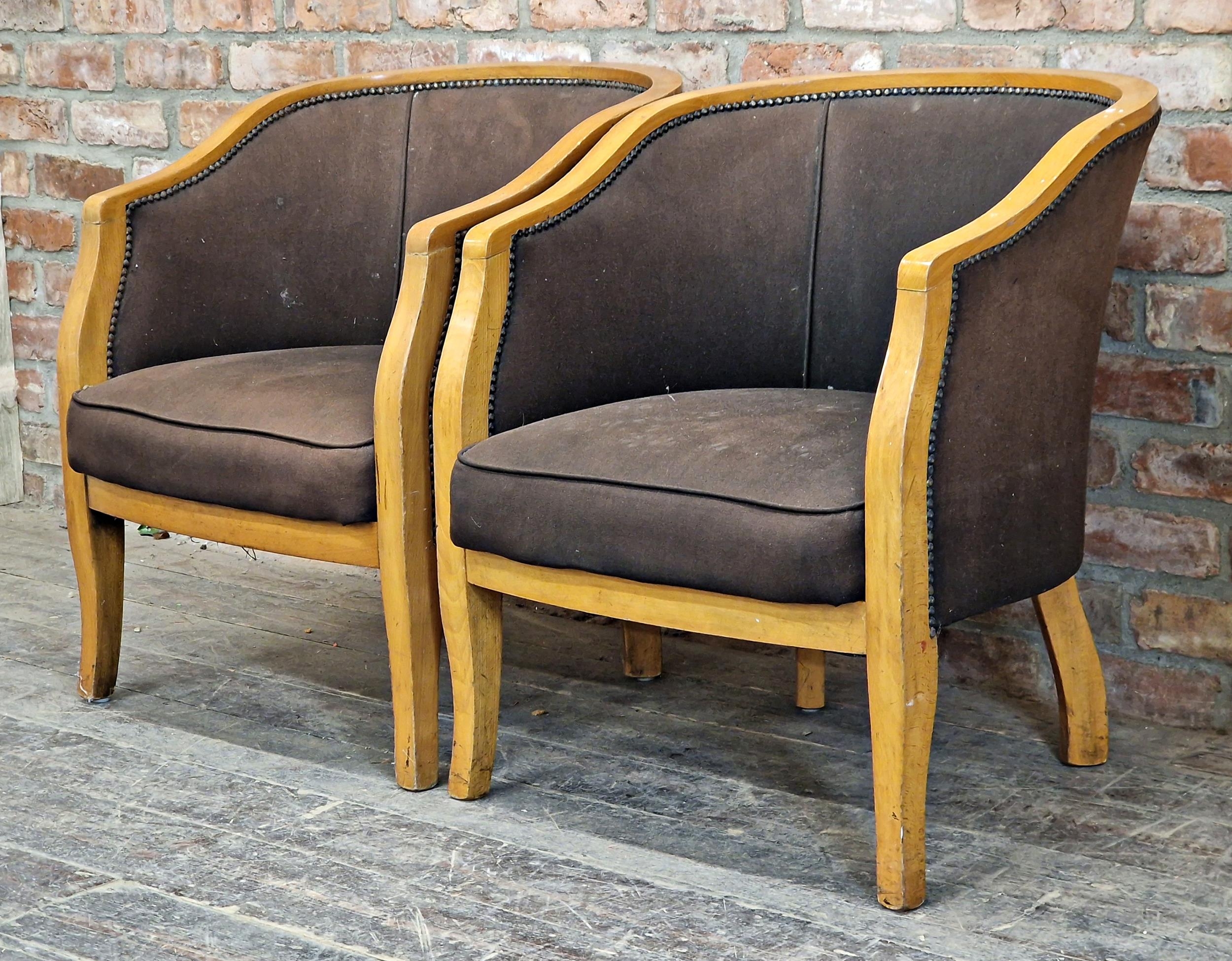 Pair of Art Deco French upholstered tub club chairs with studded edging, reclaimed from Browns - Image 2 of 2