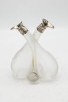 Victorian hand blown ribbed glass oil and vinegar bottle with silver top and stoppers, maker William