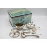 Mixed silver comprising inkstand, Mappin & Webb leaf dish, cast bright cut sauce ladle, sugar