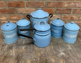 Quantity of vintage blue enamel kitchenware to include cannisters, flour bin and saucepan (6)