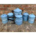 Quantity of vintage blue enamel kitchenware to include cannisters, flour bin and saucepan (6)