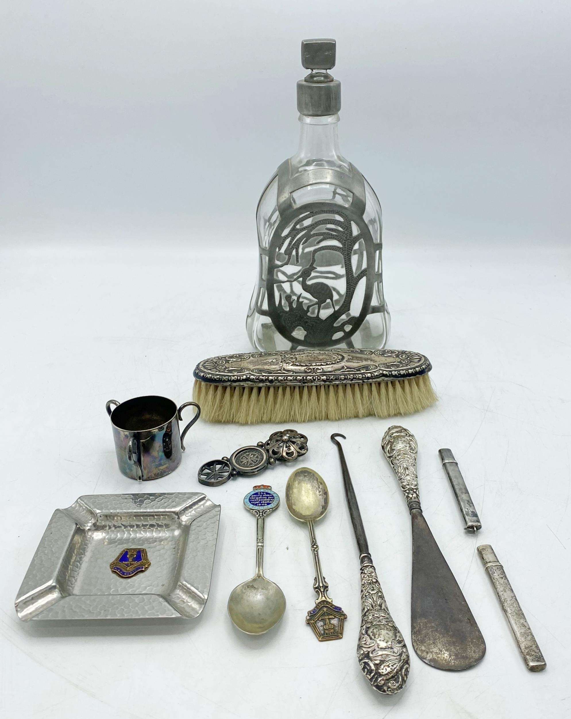 Good mixed lot of silver, white metal and plate to include two silver pencils, silver brush, boot