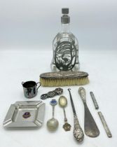 Good mixed lot of silver, white metal and plate to include two silver pencils, silver brush, boot