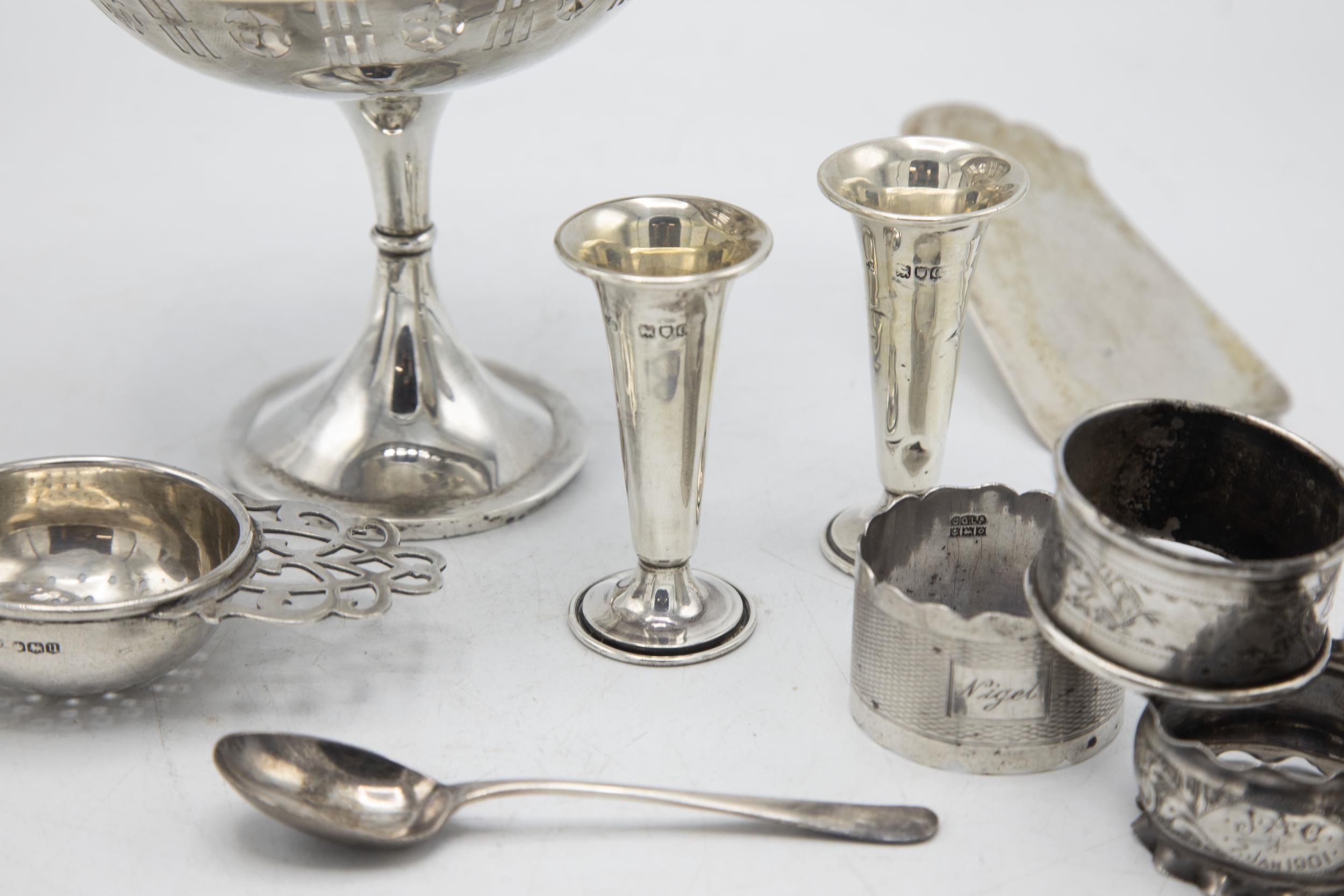 Mixed silver comprising tazza, five napkin rings, two small vases, strainer, egg cup, 800 fish slice - Image 2 of 2