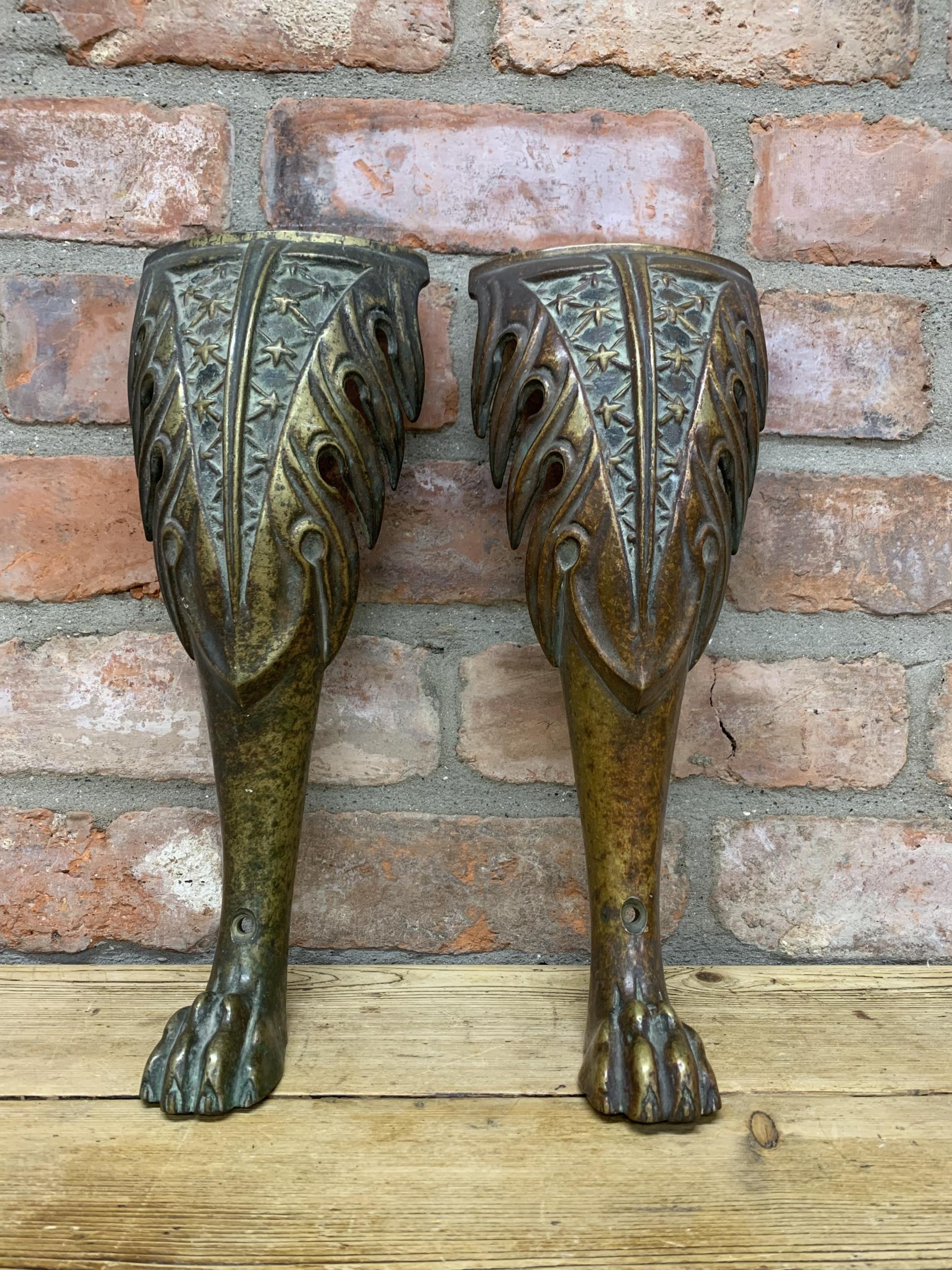 Pair of antique salvaged heavy bronze lion paw furniture legs, L 38cm
