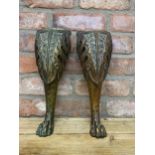 Pair of antique salvaged heavy bronze lion paw furniture legs, L 38cm