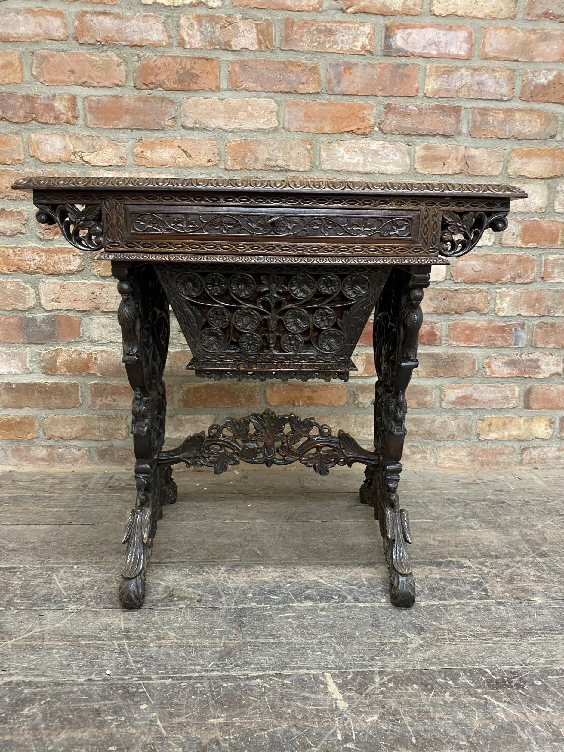 Exceptional quality Anglo Burmese / Indian padauk work table, the top with darted borders upon a - Image 4 of 9