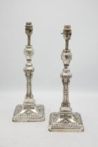 Pair of good quality Adam style cast metal silver plated Corinthian column table lamps, with typical