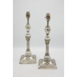 Pair of good quality Adam style cast metal silver plated Corinthian column table lamps, with typical