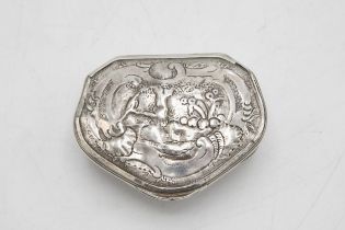 Unusual and rare shaped silver snuff box, the hinged lid embossed with a garden landscape, maker