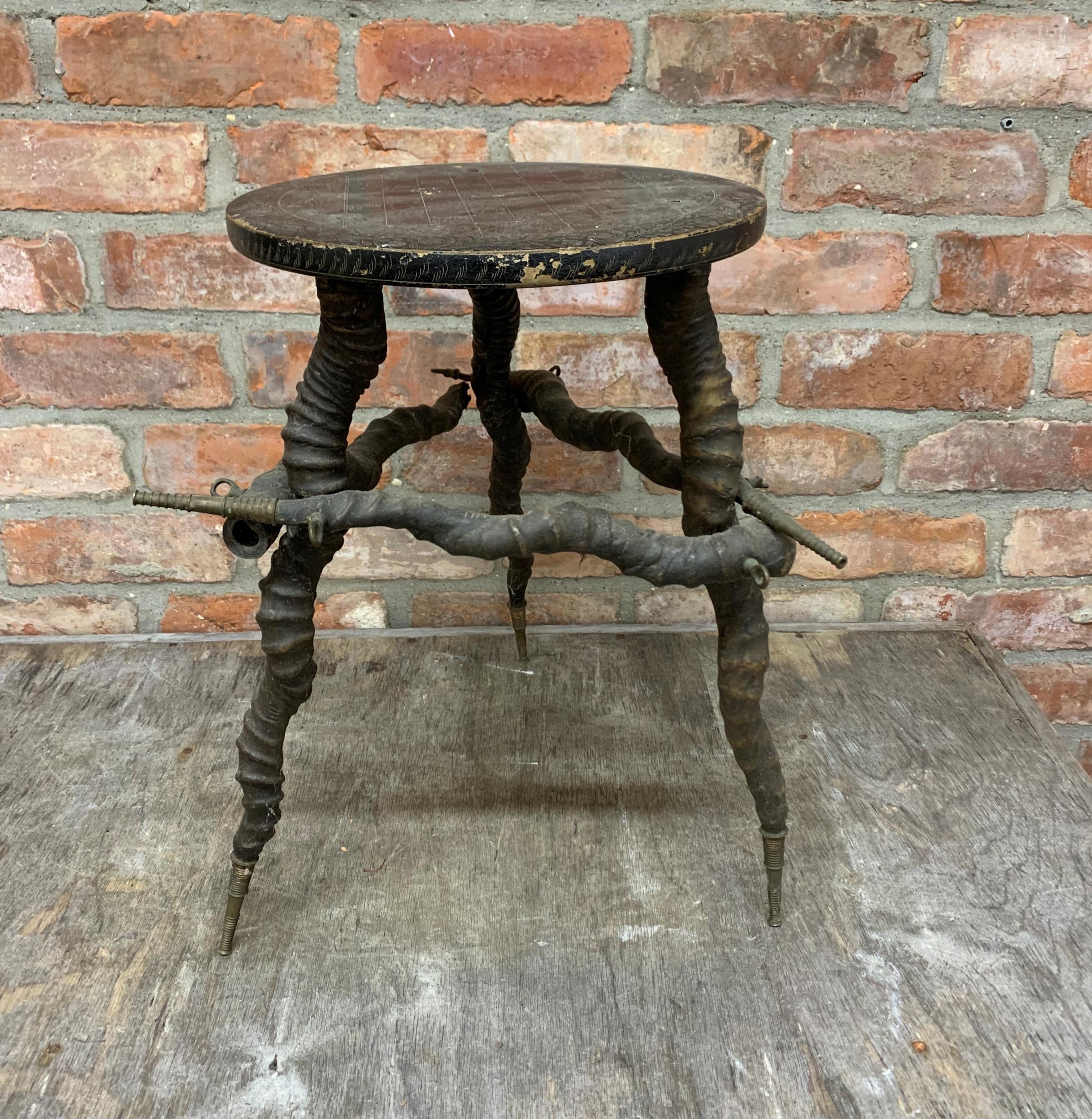 Antique gazelle horn legged table with chess board top, H 47cm x D 30cm