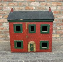 Vintage wooden children's doll house with red brick and green frame finish, H 65cm x W 64cm x D 55cm