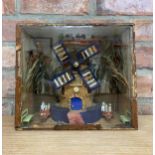 Antique scratch built Folk Art diorama of windmill held in wooden and glass fronted case, H 24cm x W