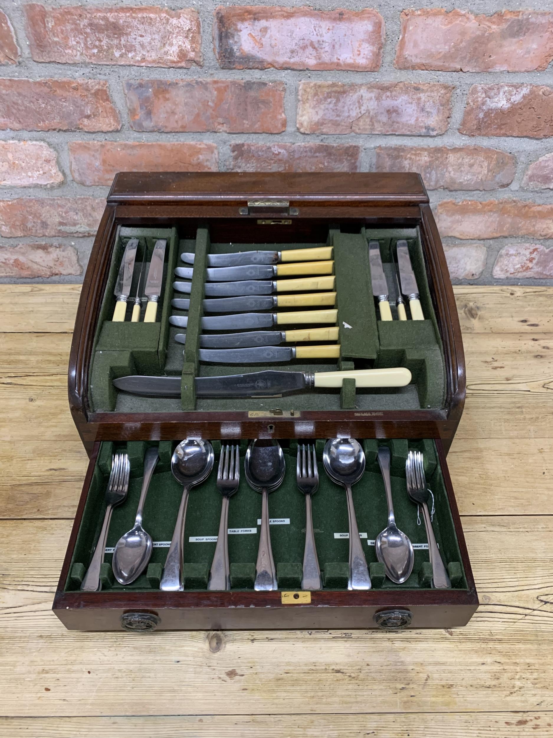 Early 20th century mahogany tambour canteen of silver plated cutlery, H 25cm x W 48cm - Image 2 of 2