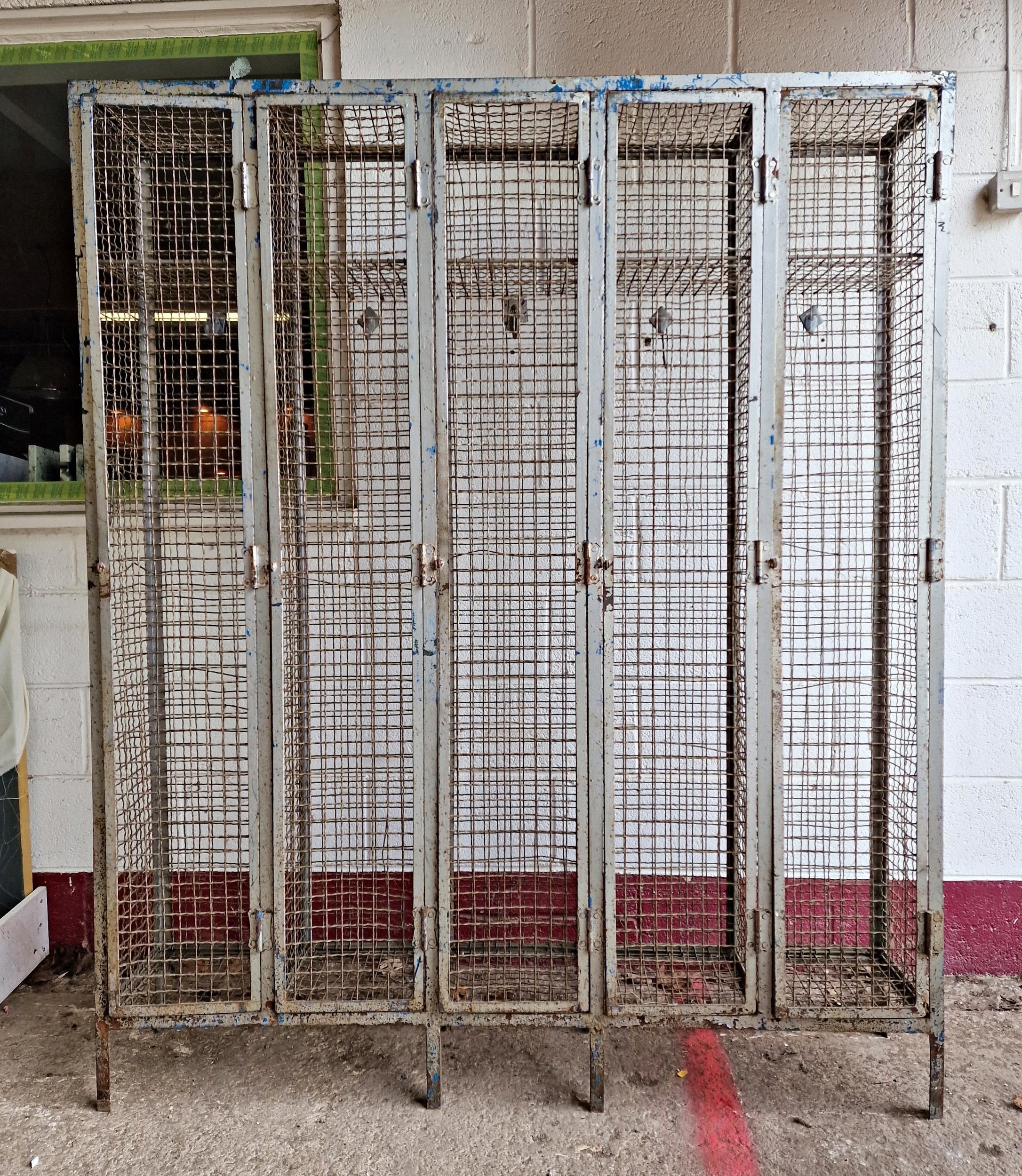 A large vintage industrial cast iron wirework locker with five hinged doors, H 183 x W 153cm x D