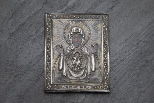 Late 19th century Russian religious travel icon, hallmarked silver oklad icon 'Our Lady Of The