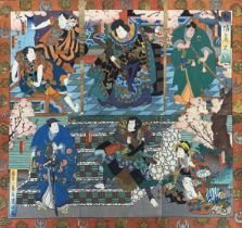 Antique 19th century Japanese Koshitaki print, a six sheet original print depicting seven kabuki