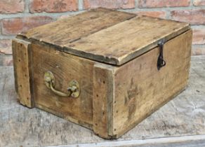 Vintage wooden ammunition chest with twin brass carry handles and hinged lid, H 27cm x W 50cm x D