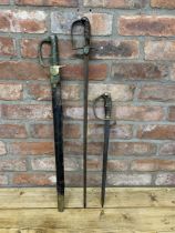 19th century Baker rifle sword bayonet with brass hilt and brass mounted leather scabbard, 57cm