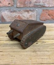 WWI hand crafted Trench Art trinket box in the form of British Mark IV tank, H 8cm x L 13cm