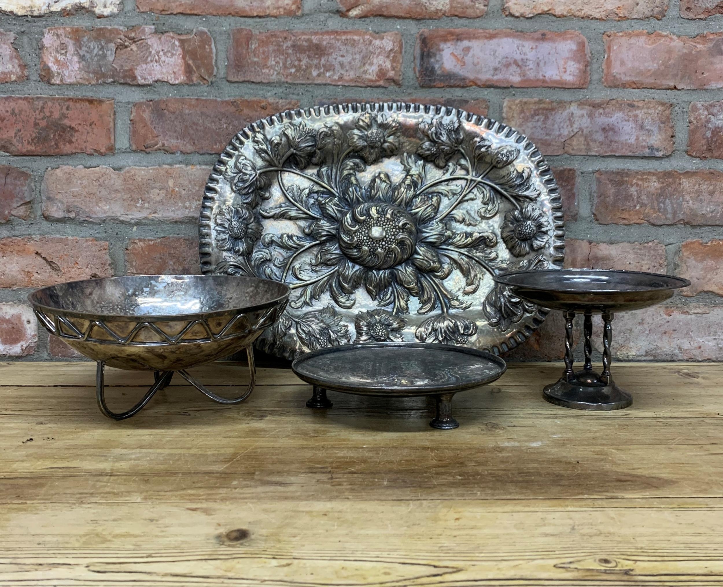 Quantity of Arts & Crafts silver plate to include tazzas and impressive rosewater dish embellished