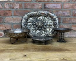 Quantity of Arts & Crafts silver plate to include tazzas and impressive rosewater dish embellished