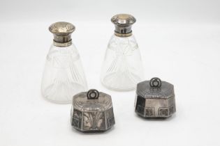 Pair of WMF electro plate lidded pots, 6cm high with a further pair of similar cut glass