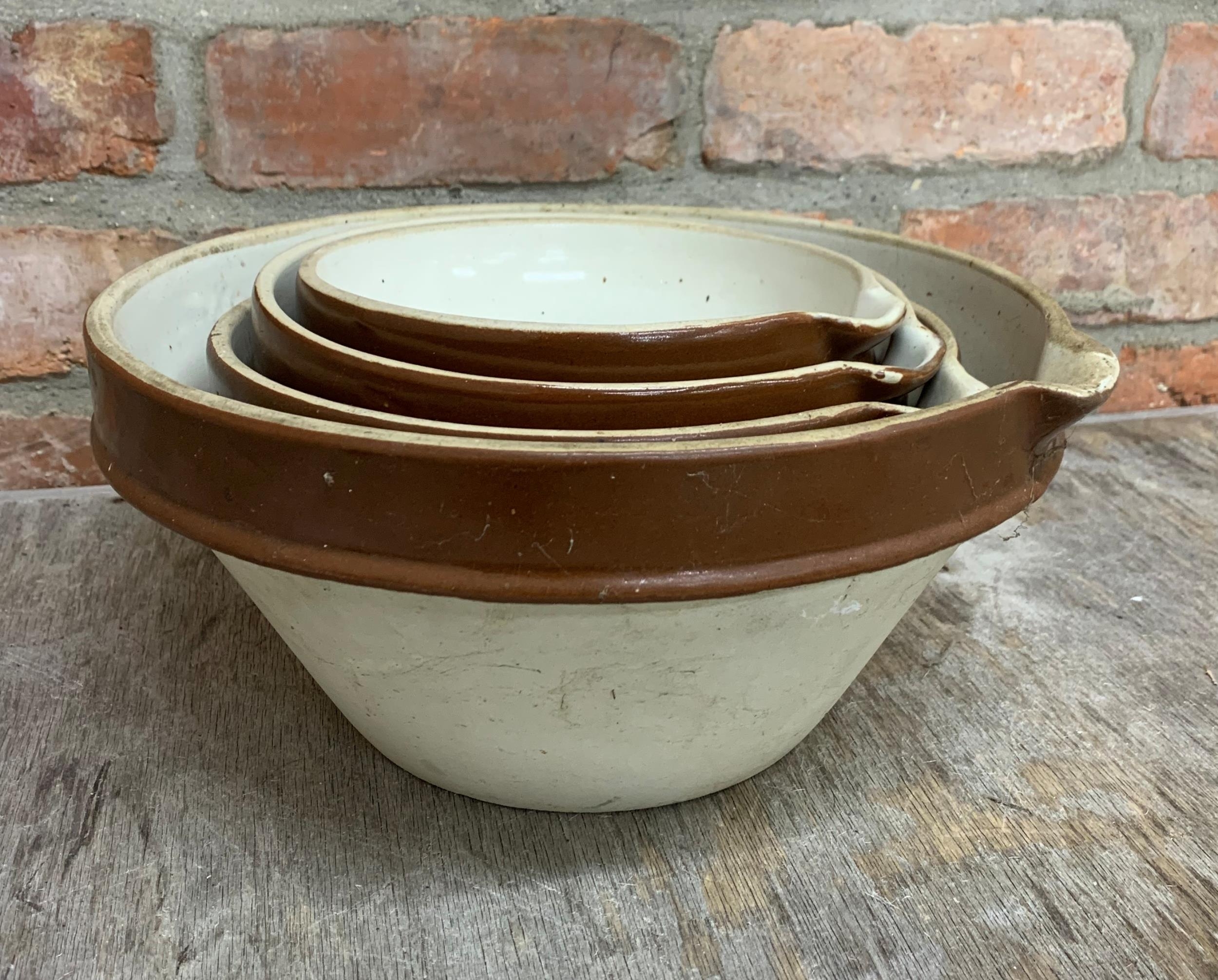 Set of four graduated glaze terracotta spouted dairy bowls, the largest H 14cm x D 31cm - Image 4 of 4