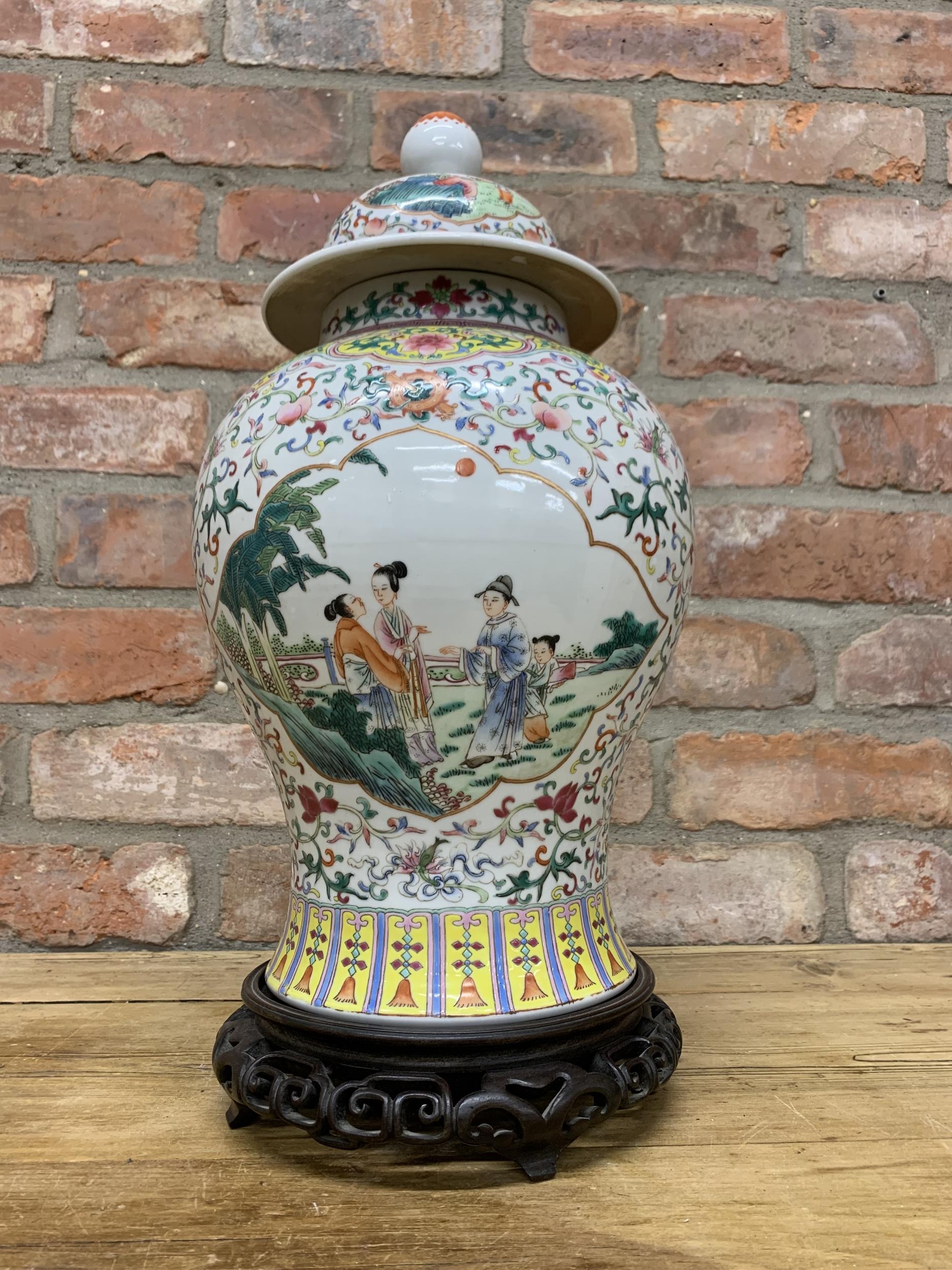 Large Chinese Republic period enamelled paint porcelain baluster vase, scenic central panel scene