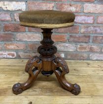 Victorian carved mahogany revolving piano stool with adjustable seat and upholstered top, H 46cm