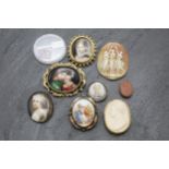 Good mixed lot of antique enamel and cameos, to include five portrait brooches, Georgian carnelian