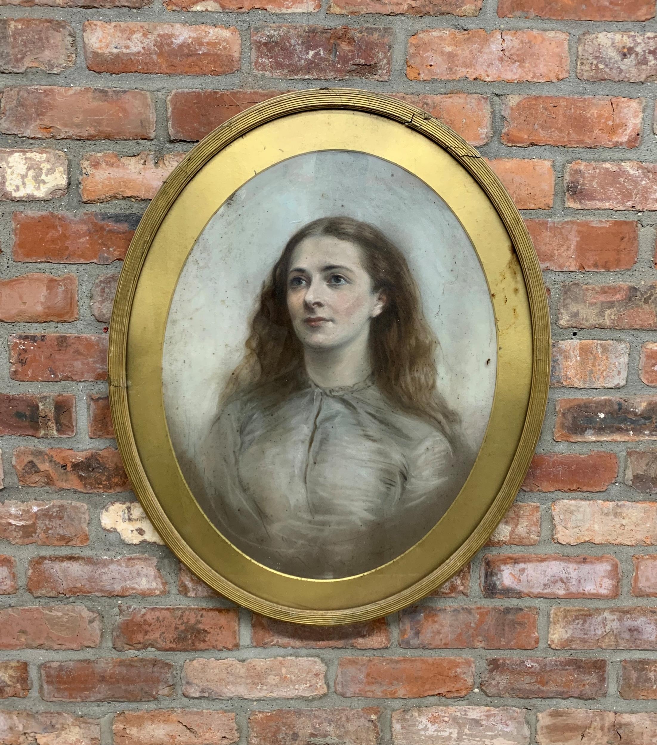 Large Victorian framed pastel portrait of young lady, H 80cm x W 65cm