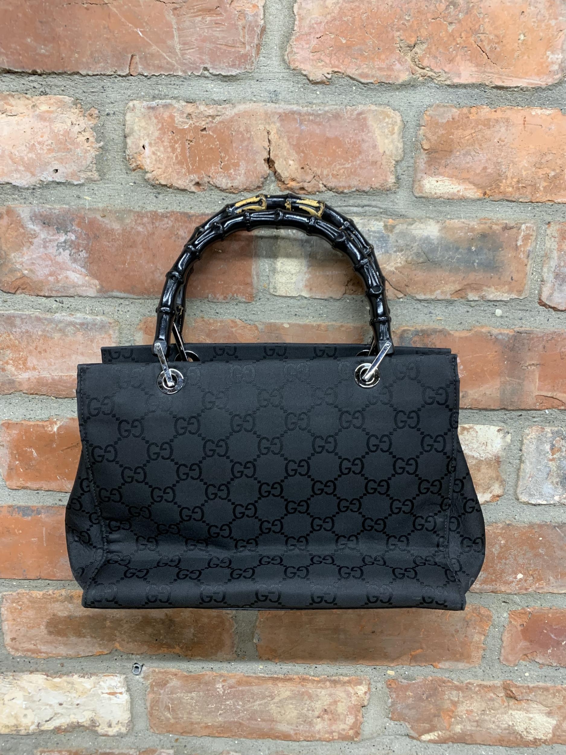 Gucci - black canvas handbag with bamboo style handles and silver tone hardware, with original - Image 2 of 3