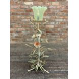Vintage French Mid Century wirework floral floor lamp with Vaseline glass fluted rim shade, H 120cm