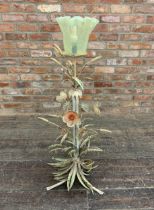 Vintage French Mid Century wirework floral floor lamp with Vaseline glass fluted rim shade, H 120cm