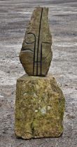 L . Office (Zimbabwe School) - A weathered hardstone sculpture raised on a stone base, H 86cm