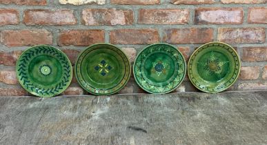 Collection of Biot France Faience Pottery green glazed plates, D 24cm (4)