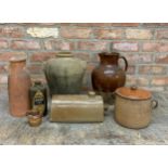 Quantity of brown terracotta and stoneware pieces to include vase, pitcher and milk cooler,